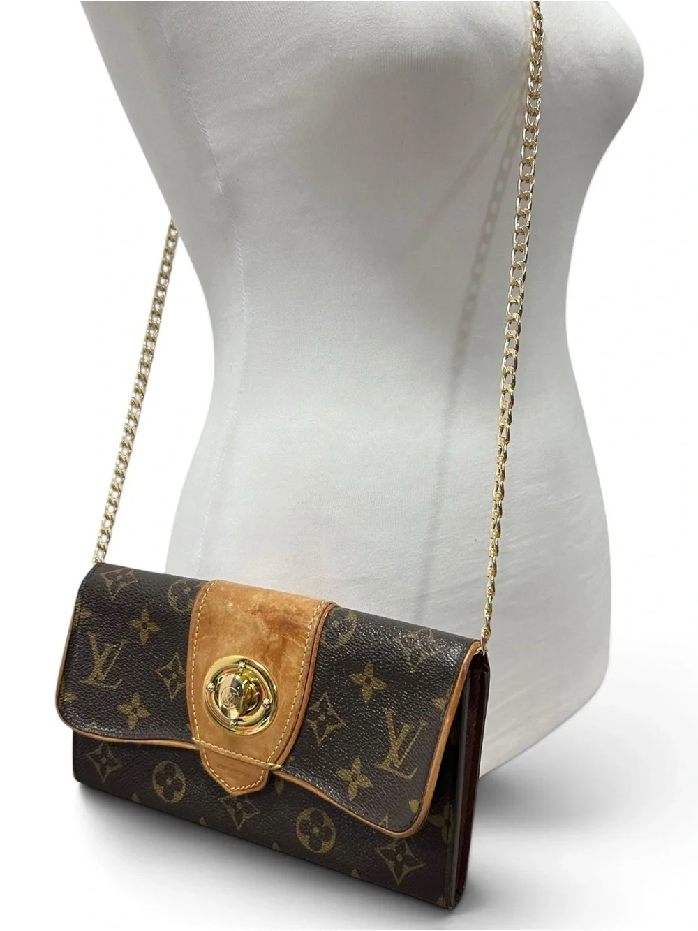 Louis Vuitton Monogram & Vachetta Leather Bowtie Sarah Wallet on Chain with Box